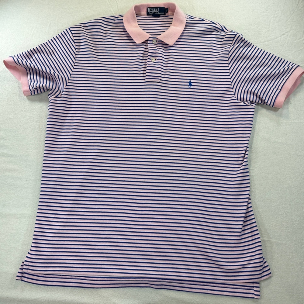 U.S. Polo by Ralph Lauren Navy and Pink Striped Mens Polo Shirt Sz L